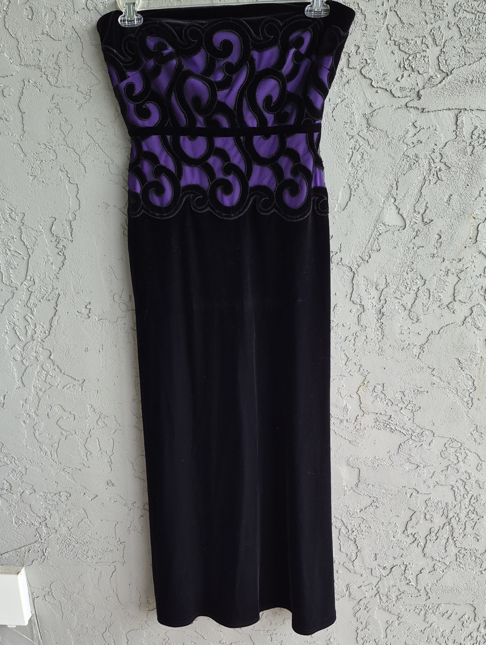 Strapless Black Evening Dress with Purple Swirl Bodice
